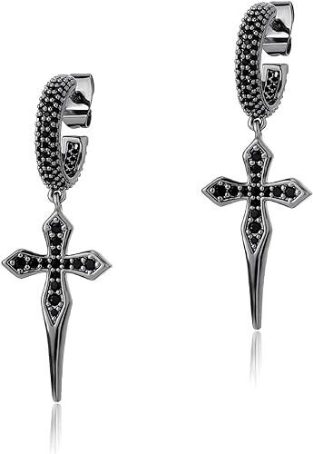 Iced 14K Gold Plated Cross Drop Dangle Black Cubic Zirconia Men Women Earrings